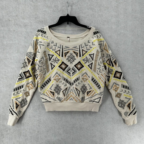 Free People Sweatshirt Womens SMALL Boho Embroidered Aztec Tribal Ethnic Sweater - Picture 1 of 16
